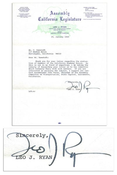 Leo Ryan 1969 Typed Letter Signed 9 Years Before His Murder at Guyana's Jonestown Massacre