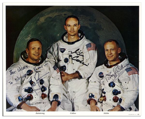 Apollo 11 Crew Signed 10'' x 8'' Photo -- Neil Armstrong, Buzz Aldrin & Michael Collins
