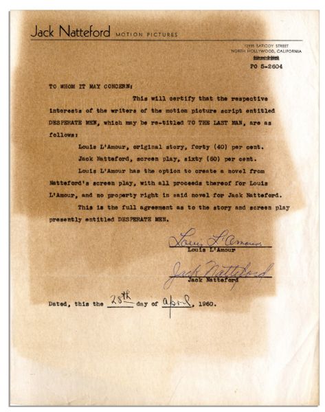 Louis L'Amour Document Signed -- Contract For a Collaboration With Screenwriter Jack Natteford