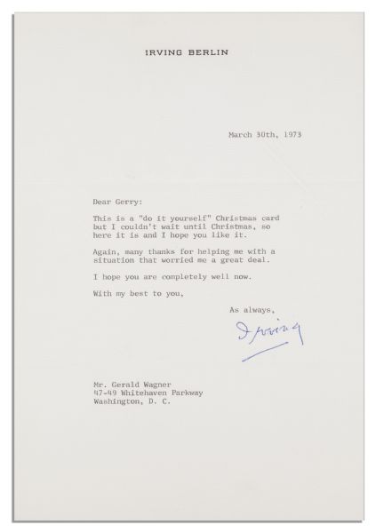 Irving Berlin Original Artwork & Autograph Musical Quotation Signed -- From His Most Famous Song of All Time, ''White Christmas'' -- With an Additional 1973 Typed Letter Signed