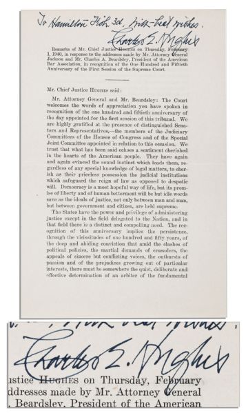 Charles Evan Hughes Speech Signed -- Speech Is About the Importance of the Justice System, Delivered on the 115th Anniversary of the Supreme Court