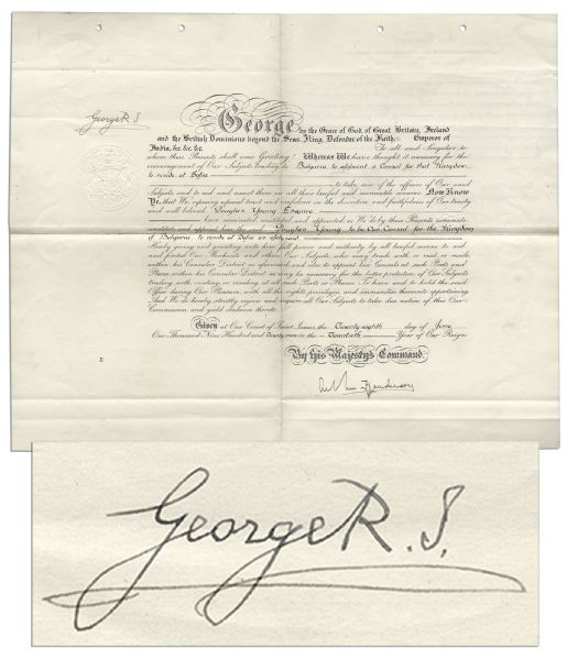 King George V 21'' x 16.5'' 1929 Document Signed