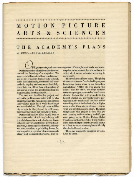 Scarce Motion Picture Arts & Sciences Academy Magazine Volume 1, No. 1 -- Established in 1927 With Only This Sole Issue Published