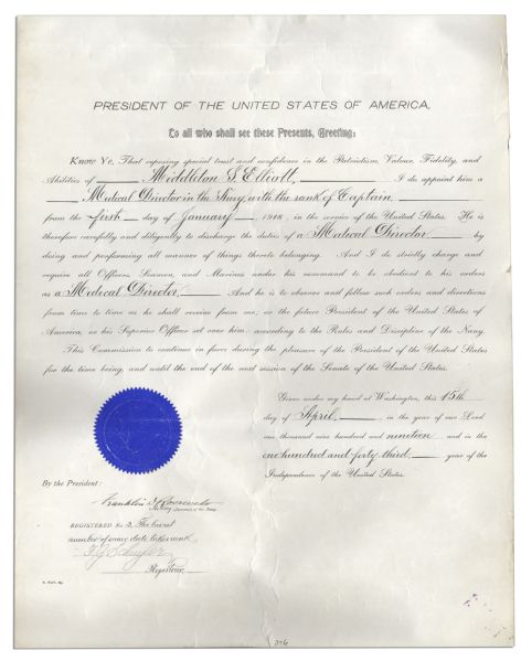 Franklin D. Roosevelt Document Signed as Acting Secretary of the Navy in 1919 -- With Beautiful, Full Signature