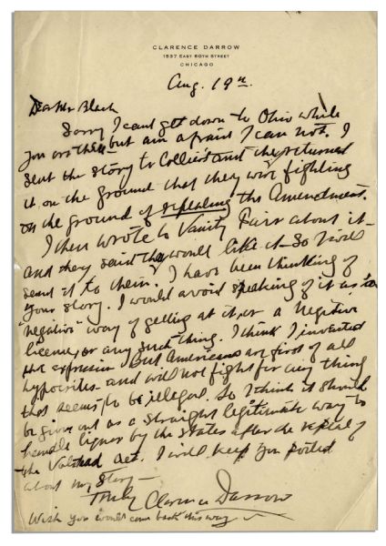 Clarence Darrow Autograph Letter Signed Regarding Prohibition -- ''...Americans are first of all hypocrites and will not fight for anything that seems to be illegal...''