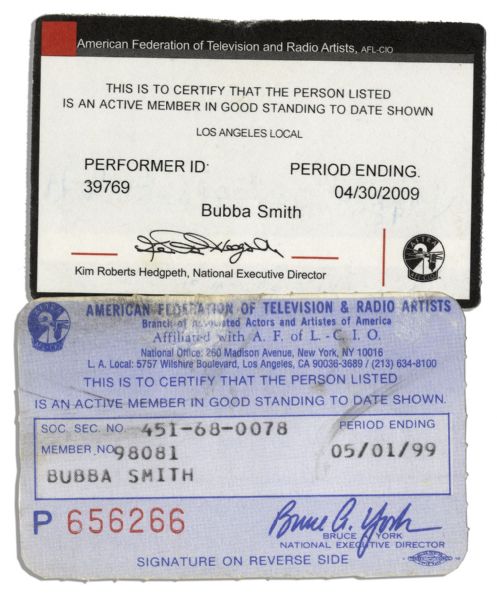 Two AFTRA Union Cards Belonging to Football Legend & Actor Charles ''Bubba'' Smith