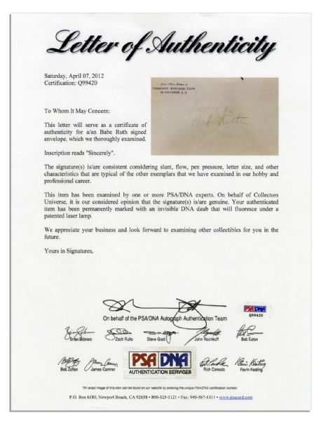 Babe Ruth Signed Envelope -- With PSA/DNA COA