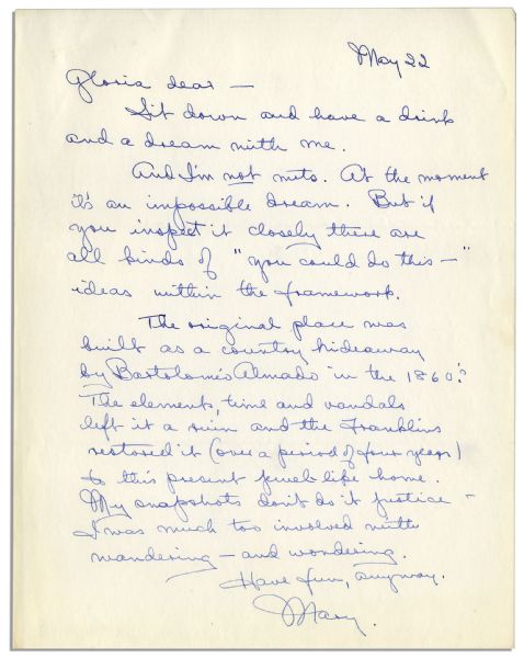 Mary Astor Autograph Letter Signed to Her Literary Agent -- ''...have a drink and a dream with me. And I'm not nuts. At the moment it's an impossible dream...''