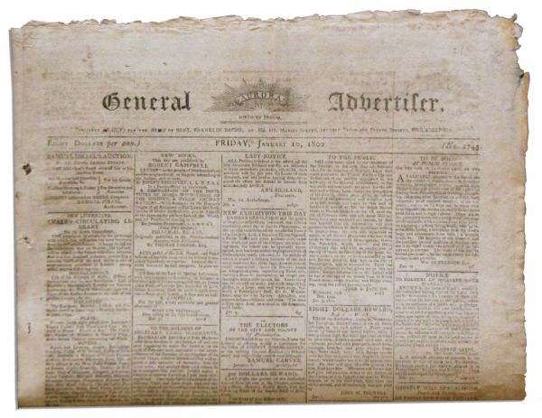 Earliest Newspaper Printing of a Letter Signed by Martha Washington -- 1800