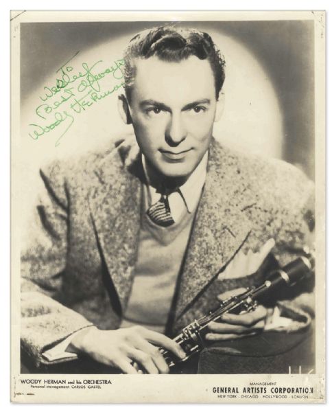 Woody Herman Signed 8'' x 10'' Photo -- Signed in Bold Green Ink, ''To Wesley / Best Always / Woody Herman'' -- Very Good
