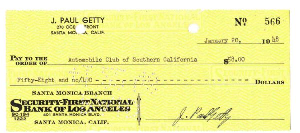 Great American Industrialist John Paul Getty Signed Check, Dated 20 January 1948 -- 7'' x 3'' -- Near Fine