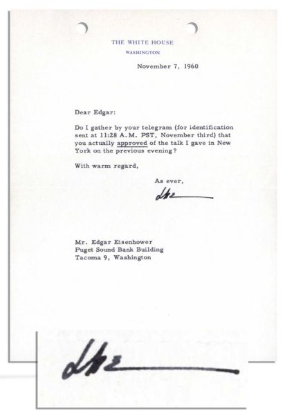 Dwight Eisenhower Typed Letter Signed as President -- ''...Do I gather by your telegram...that you actually approved of the talk I gave in New York?...'' -- 1960