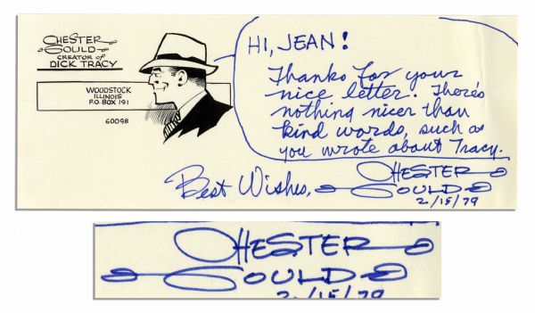 Chester Gould Autograph Note Signed -- With Cartoonist's Famous Character ''Dick Tracy''