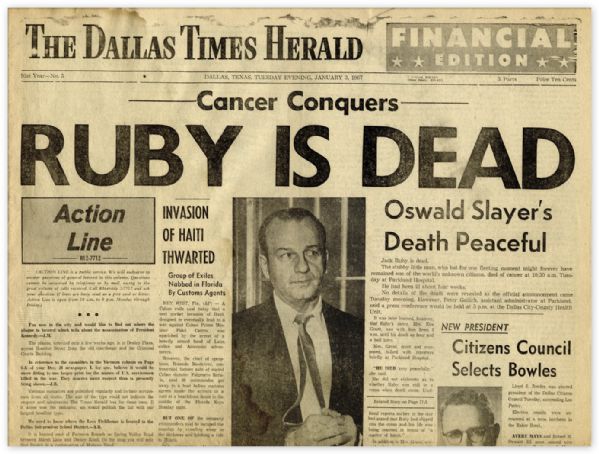 ''Dallas Times Herald'' From 3 January 1967 -- Announcing Jack Ruby's Death -- 20pp. Paper Measures 22.5'' x 15'' -- Toning & Chipping, Very Good