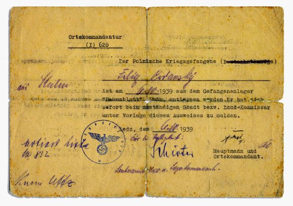 Nazi POW Document -- ''...The Polish War Criminal...was discharged from the prison camp 'Rosenblatt' Lodz...'' --1939