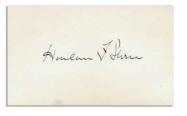 Harlan F. Stone Signature -- Chief Justice of the Supreme Court -- Signed on 5'' x 3'' Card -- Near Fine