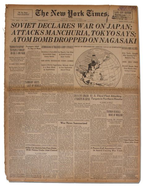 9 August 1945 ''The New York Times'' Announces Atom Bomb on Nagasaki