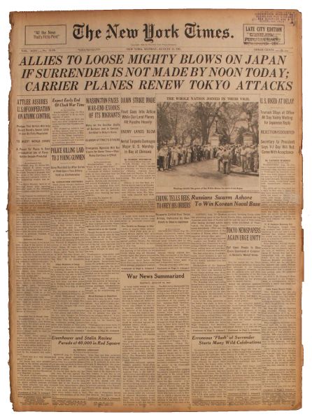 13 August 1945 ''New York Times'' Newspaper -- ''Allies To Loose Mighty Blows on Japan If Surrender Is Not Made by Noon Today...''