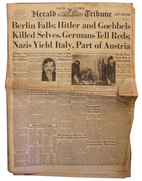 ''New York Herald Tribune'' 3 May 1945 Reporting the Fall of Berlin -- Headlines Include: ''Berlin Won, Reds Hear of Hitler Suicide''