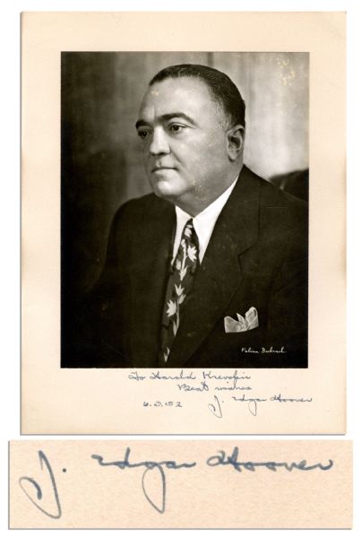 Longtime FBI Director J. Edgar Hoover Signed 6.75'' x 8.5'' Matte Photo -- Matted to 11'' x 9'' Cardstock -- ''To Harold Krevolin / Best wishes / 6.3.52  J. Edgar Hoover'' -- Near Fine