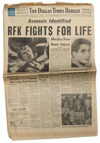 Robert F. Kennedy Assassination Newspaper Announces ''Assassin Identified'' the Day He Was Shot -- ''Dallas Times Herald'' From 5 June 1968
