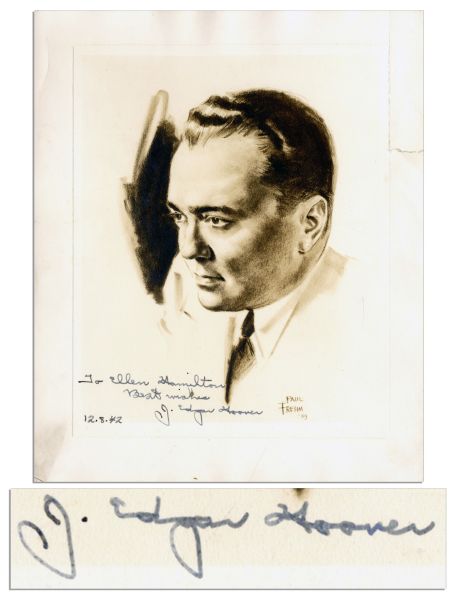 J. Edgar Hoover Signed Portrait Print -- From a 1939 Sketch by Cartoonist Paul Frehm -- Signed ''To Ellen Hamilton / Best wishes / 12.8.42 / J. Edgar Hoover'' -- 9.25'' x 11''  -- Very Good