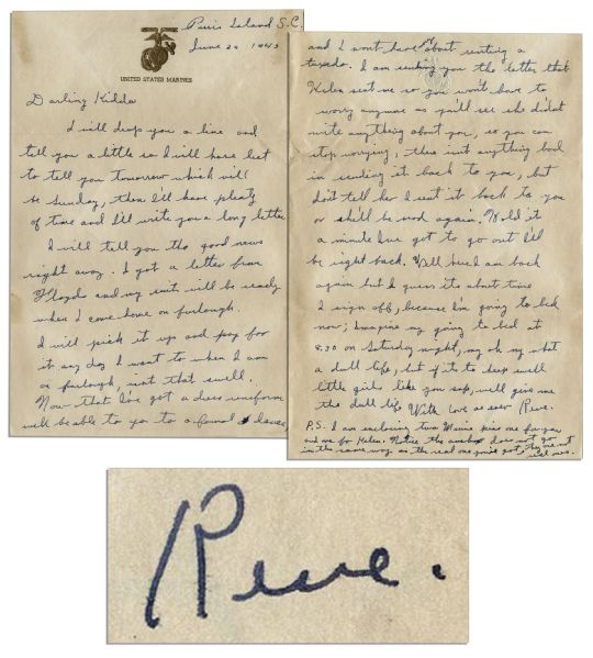 Iwo Jima ''Flag Raiser'' Rene Gagnon 1943 Autograph Letter Signed -- ''...enclosing two Marine pins...Notice the anchor does not go in the same way as the real one you've got...''