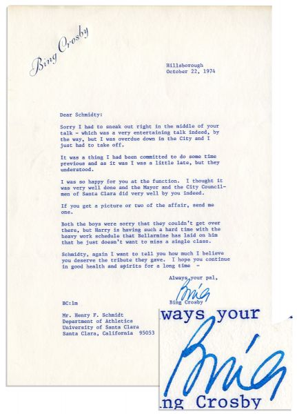 Bing Crosby Typed Letter Signed to His Favorite Golf Coach -- ''...Schmidty, again I want to tell you how much I believe you deserve the tribute they gave...''