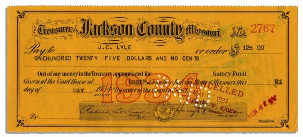 Harry S. Truman Signed Check as Treasurer of Jackson County, Missouri in 1934