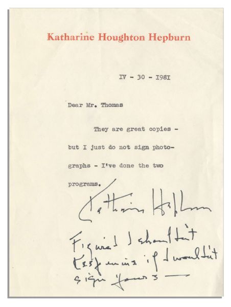 Katharine Hepburn Typed Letter Signed With Autograph Postscript