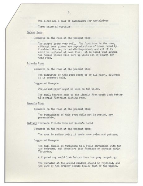 Jackie Kennedy White House Document -- Detailing the Famous Renovation of the White House