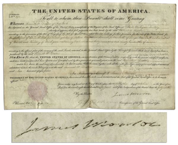 President James Monroe 1824 Land Grant Signed