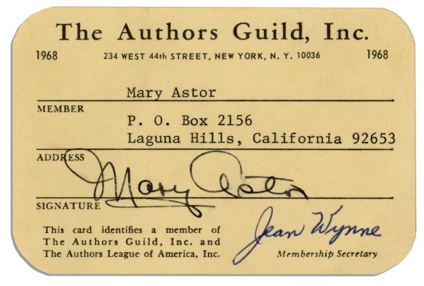 Mary Astor's 1968 Authors Guild Membership Card, Signed by Astor