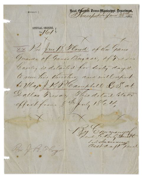 Texas Cavalry Special Orders From 1864 -- For a Private in Gano's Guards of Gano's Brigade