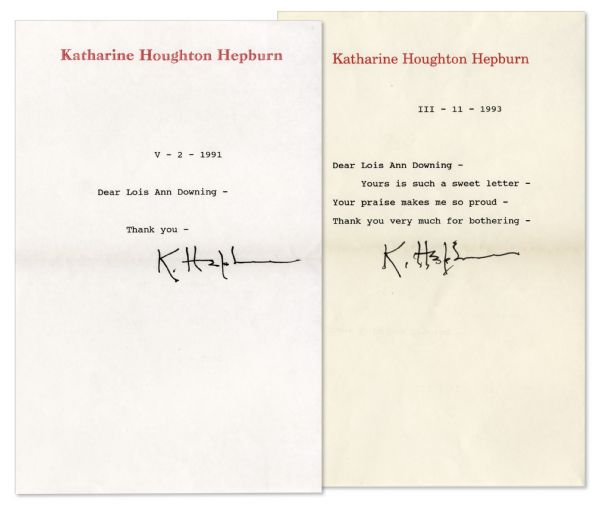 Katharine Hepburn Lot of Two Typed Notes Signed -- ''...Yours is such a sweet letter...''