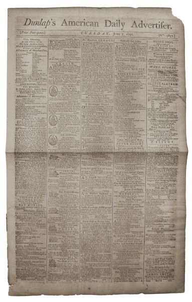 1791 ''Dunlap's American Daily Advertiser'' Newspaper -- John Hancock, Benjamin Franklin & George Washington at Mt. Vernon Content