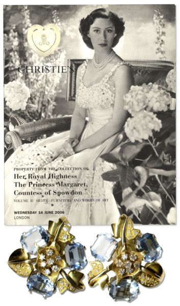 Princess Margaret Worn Diamond & Aquamarine 18K Gold Earclips -- With Leather Bound COA From Kensington Palace and Provenance from Her 2006 Christie's Estate Auction