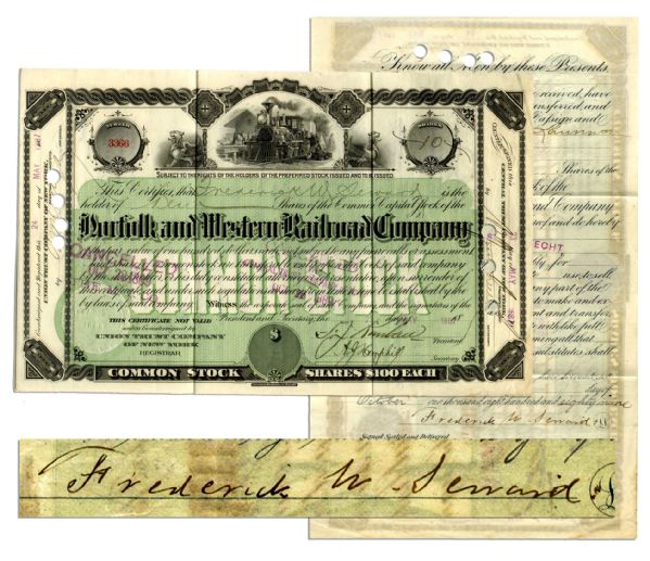 Frederick W. Seward Document Signed -- 1889 Railroad Stock Certificate
