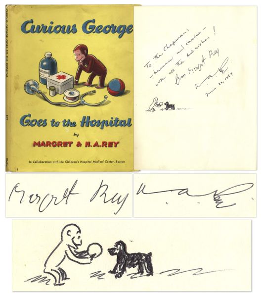 Signed & Hand-Illustrated Copy of ''Curious George Goes to The Hospital'' -- H.A. Rey Inks a Sketch of George With a Dog