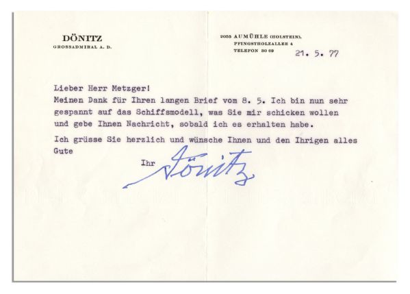 German Admiral Karl Donitz Typed Letter Signed -- Hitler's Successor Looks Forward to a Gift of a Model Ship