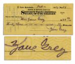 Zane Grey 1937 Holograph Check Signed -- Prolific Author of Popular Western Novels
