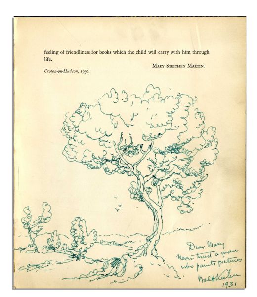 Artist Walt Kuhn Signed Drawing With Personal Inscription -- ''...Never trust a man who paints pictures...'' -- Includes Screenwriter Ben Hecht Signed Drawing on Verso