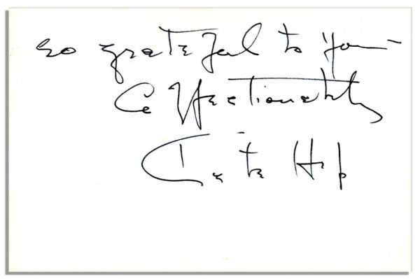Katharine Hepburn Autograph Note Signed to Her Stylist, ''What an enormous help you are - actually + spiritually...''