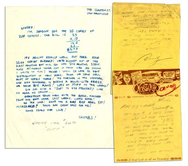 Cartoonist Robert Crumb Autograph Letter Signed to Fellow Comic Book Cartoonist Woody Gelman -- Mentioning His Famed ''Zap Comix''