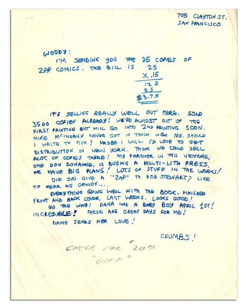 Cartoonist Robert Crumb Autograph Letter Signed to Fellow Comic Book Cartoonist Woody Gelman -- Mentioning His Famed ''Zap Comix''
