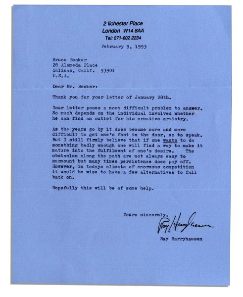 Ray Harryausen Typed Letter Signed -- ''...whether he can find an outlet for his creative artistry...''