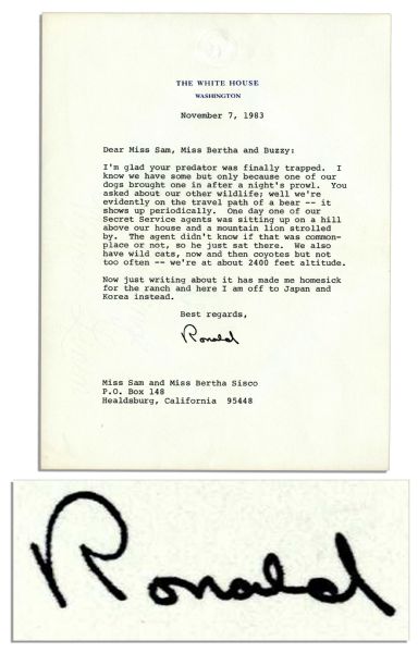 President Ronald Reagan Letter Signed From 1983 -- ''...One day one of our Secret Service agents was sitting up on a hill above our house and a mountain lion strolled by...''