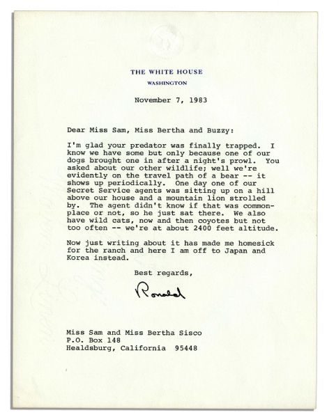 President Ronald Reagan Letter Signed From 1983 -- ''...One day one of our Secret Service agents was sitting up on a hill above our house and a mountain lion strolled by...''