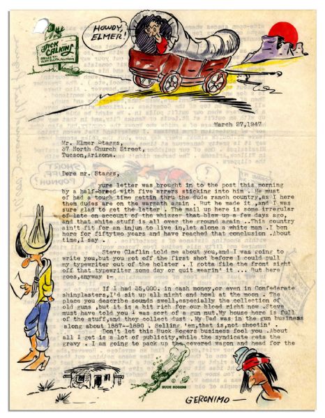 Dick Calkins Letter Signed Featuring Five Color Drawings -- ''...Don't let this Buck Rogers business fool you. About all I get is a lot of publicity, while the syndicate gets the gravy...''