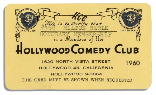 Milton Berle's Membership Card to the Hollywood Comedy Club for 1960